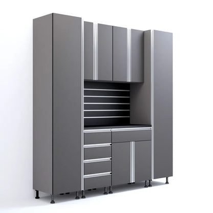 Premium Garage Cabinets 7' Storage Sets Solution with Adjustable Legs, Soft-Close Drawer & Door, Integrated Handles, Heavy Duty Plywood Box Construction, Tool and Equipment Organizer